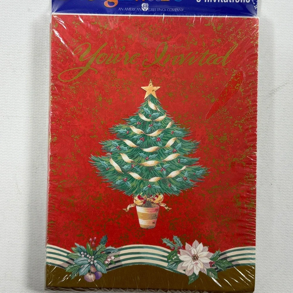 DesignWare Christmas Party Invitations 16ct Red Tree Poinsettia Vintage